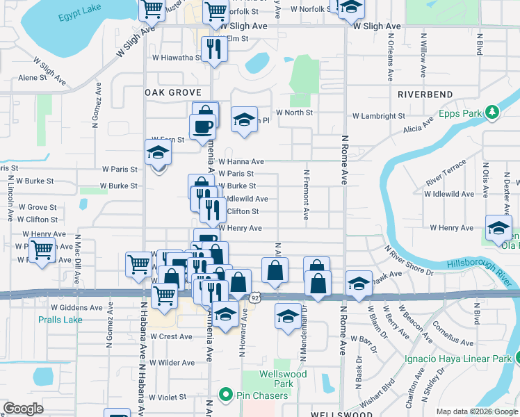 map of restaurants, bars, coffee shops, grocery stores, and more near 2122 West Clifton Street in Tampa