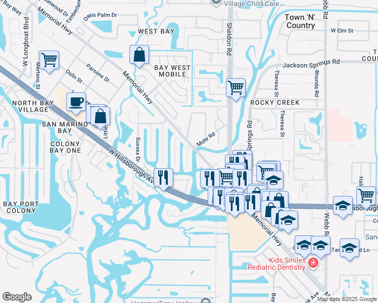 map of restaurants, bars, coffee shops, grocery stores, and more near 5812 Oxford Drive in Tampa