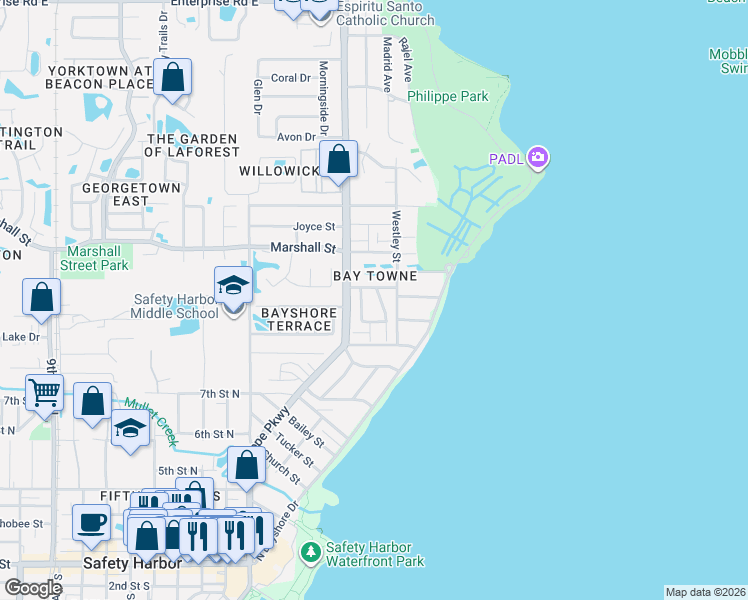 map of restaurants, bars, coffee shops, grocery stores, and more near 1142 Dover Court in Safety Harbor