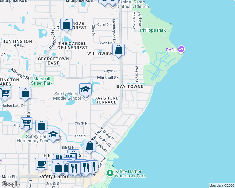 map of restaurants, bars, coffee shops, grocery stores, and more near 41 Friendship Court in Safety Harbor