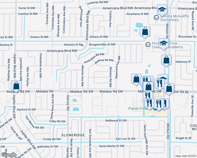 map of restaurants, bars, coffee shops, grocery stores, and more near 458 Newgate Street Northwest in Palm Bay