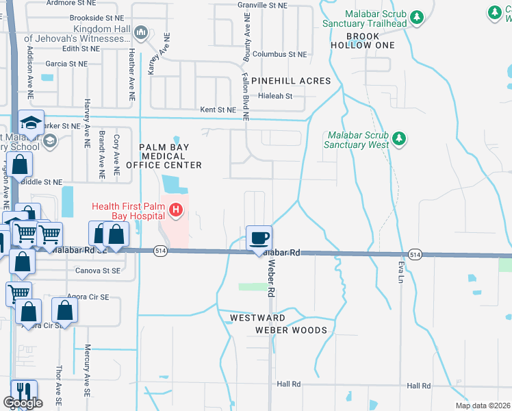 map of restaurants, bars, coffee shops, grocery stores, and more near 1624 Moonbeam Drive in Malabar