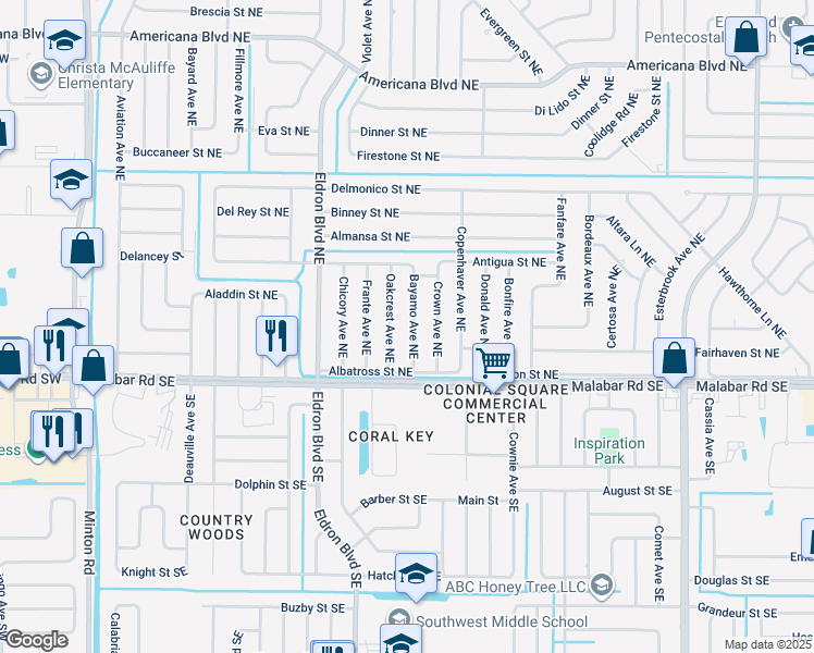 map of restaurants, bars, coffee shops, grocery stores, and more near 140 Bayamo Avenue Northeast in Palm Bay