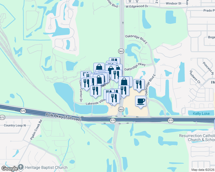 map of restaurants, bars, coffee shops, grocery stores, and more near Lakeside Village Circle in Lakeland