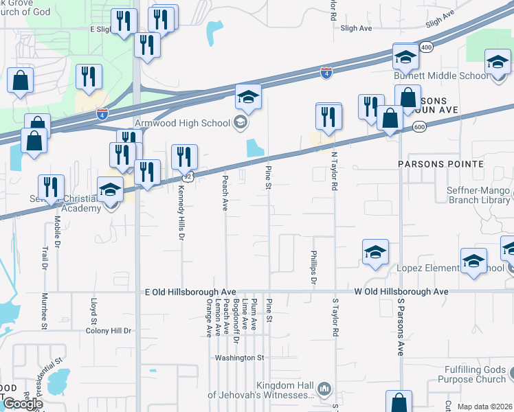 map of restaurants, bars, coffee shops, grocery stores, and more near 12002 Duplex Drive in Seffner