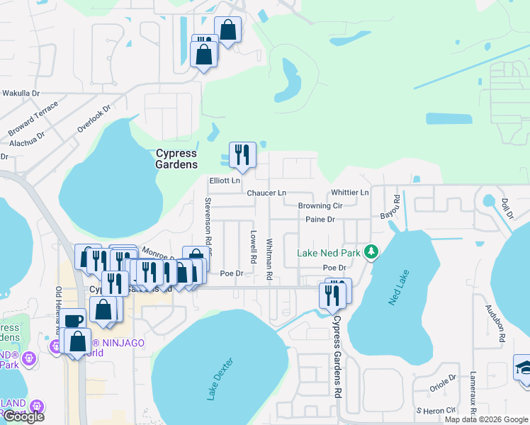 map of restaurants, bars, coffee shops, grocery stores, and more near 117 Dickinson Lane in Winter Haven