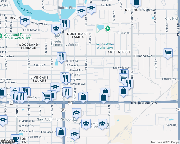 map of restaurants, bars, coffee shops, grocery stores, and more near 4308 East Clifton Street in Tampa
