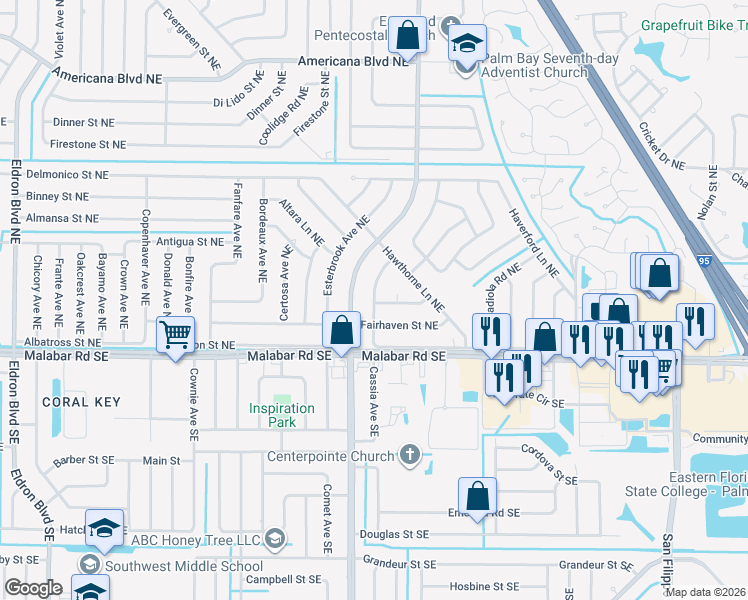 map of restaurants, bars, coffee shops, grocery stores, and more near 145 Gold Coast Road Northeast in Palm Bay