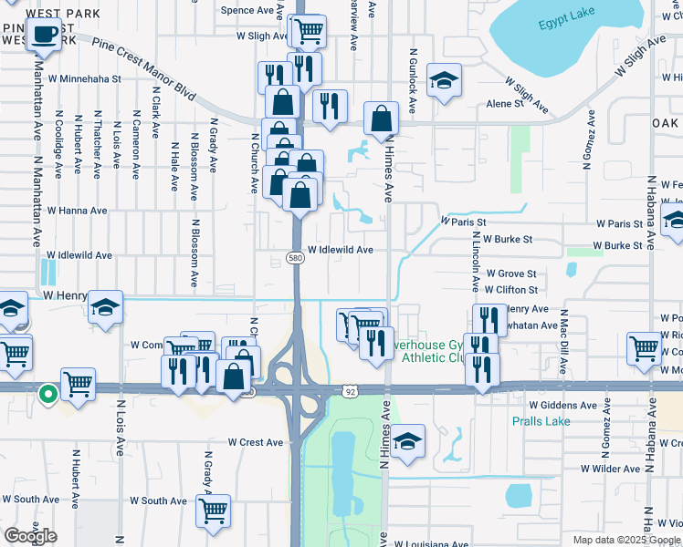 map of restaurants, bars, coffee shops, grocery stores, and more near 3706 West Idlewild Avenue in Tampa