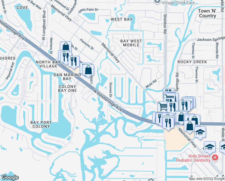 map of restaurants, bars, coffee shops, grocery stores, and more near 5810 Sussex Drive in Tampa