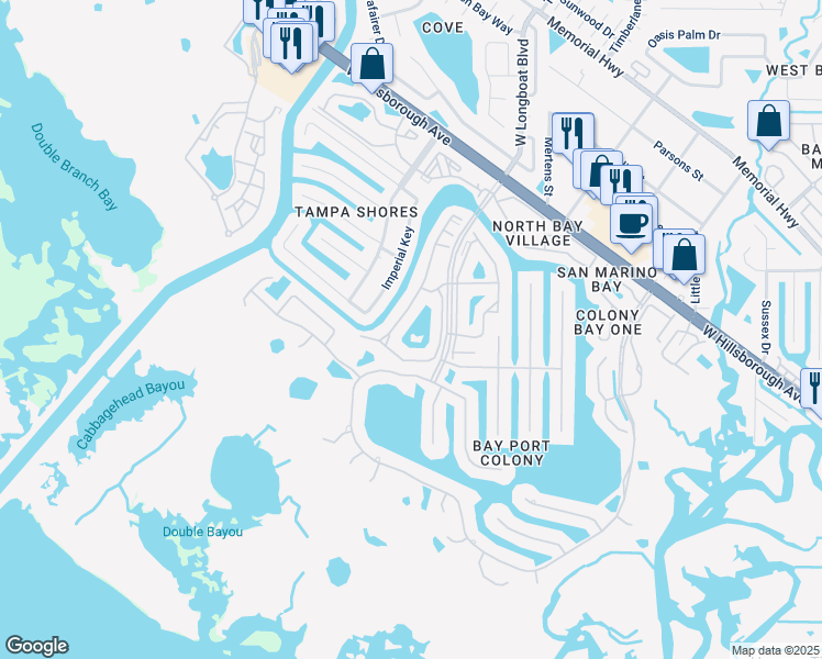 map of restaurants, bars, coffee shops, grocery stores, and more near 5361 Baywater Drive in Tampa