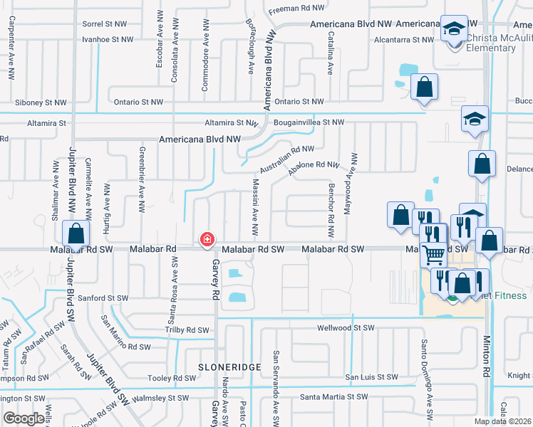 map of restaurants, bars, coffee shops, grocery stores, and more near 112 Abalone Road Northwest in Palm Bay