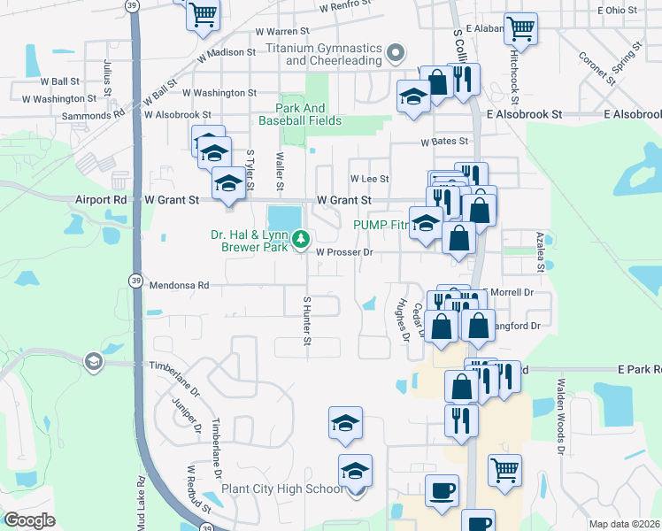 map of restaurants, bars, coffee shops, grocery stores, and more near 1503 Tozier Place in Plant City