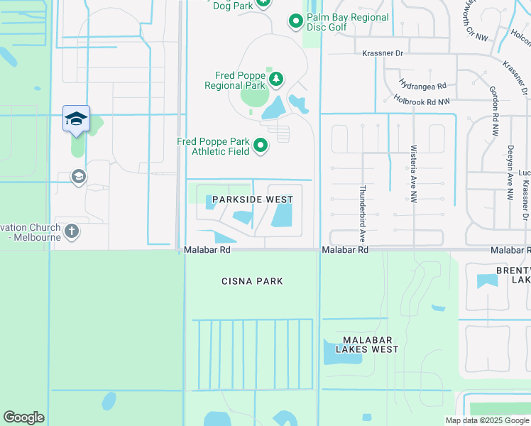 map of restaurants, bars, coffee shops, grocery stores, and more near 2236 Snapdragon Drive Northwest in Palm Bay
