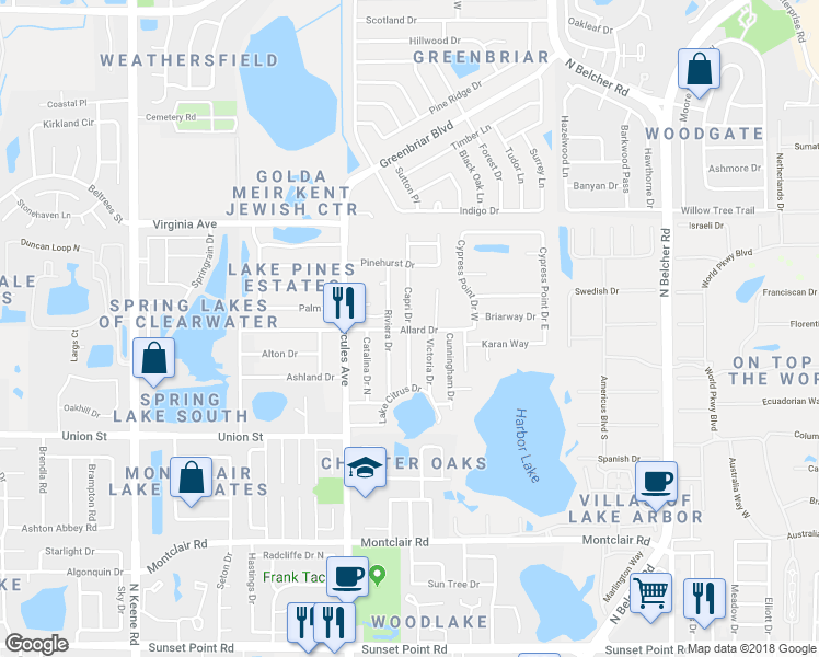 map of restaurants, bars, coffee shops, grocery stores, and more near 2040 Allard Drive in Clearwater