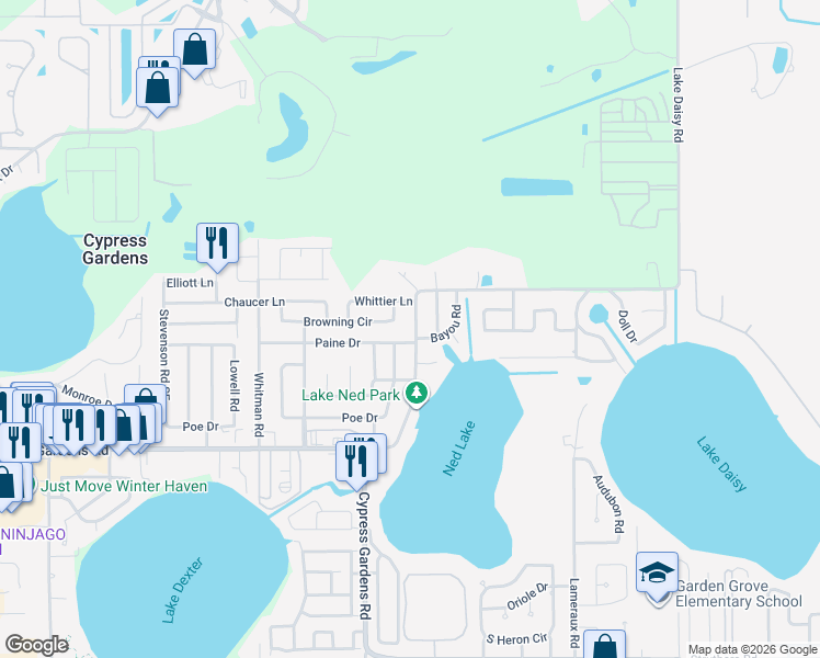 map of restaurants, bars, coffee shops, grocery stores, and more near 257 Paine Drive in Winter Haven