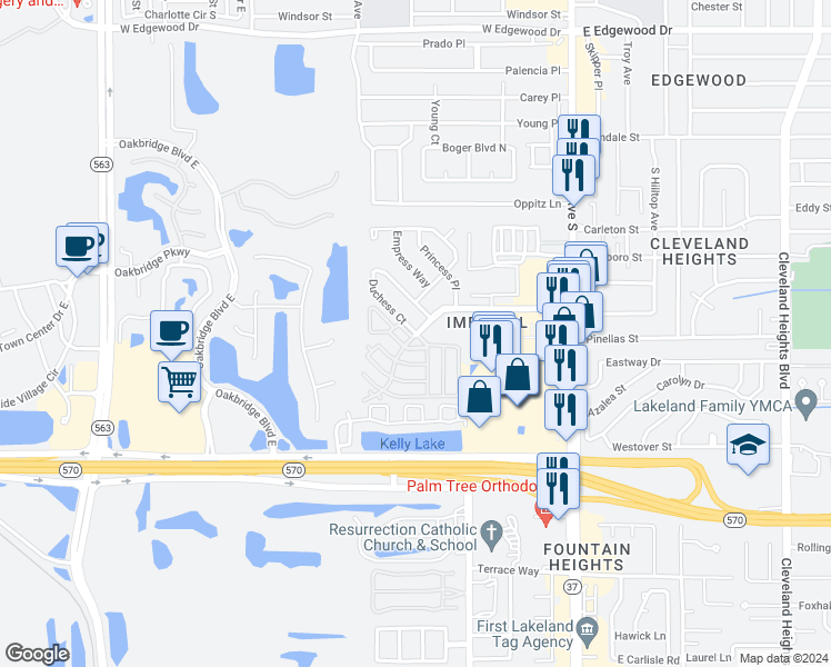 map of restaurants, bars, coffee shops, grocery stores, and more near 599 Duchess Court in Lakeland