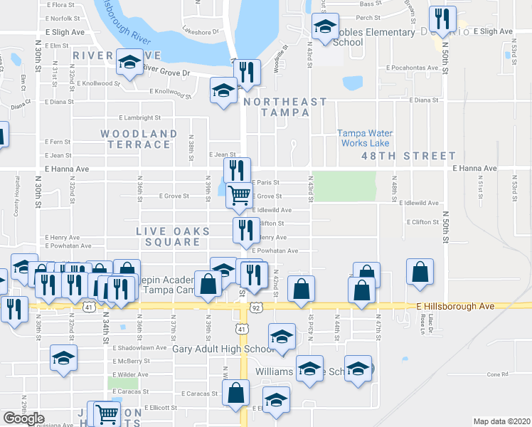 map of restaurants, bars, coffee shops, grocery stores, and more near 4017 East Idlewild Avenue in Tampa