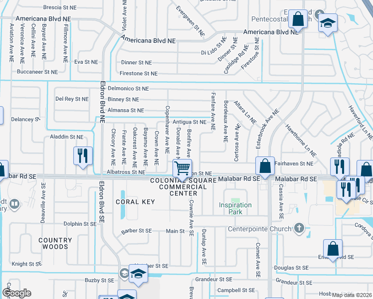 map of restaurants, bars, coffee shops, grocery stores, and more near 134 Buswell Avenue Northeast in Palm Bay