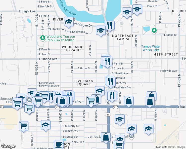 map of restaurants, bars, coffee shops, grocery stores, and more near 3719 East Idlewild Avenue in Tampa