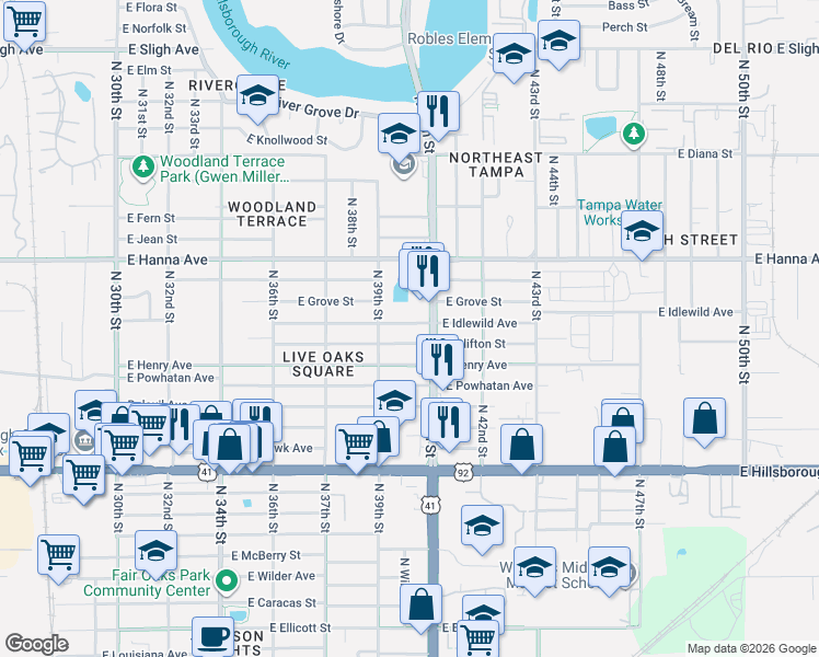 map of restaurants, bars, coffee shops, grocery stores, and more near 3920 East Clifton Street in Tampa