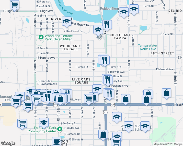 map of restaurants, bars, coffee shops, grocery stores, and more near 3902 East Clifton Street in Tampa
