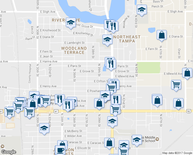 map of restaurants, bars, coffee shops, grocery stores, and more near 3902 East Clifton Street in Tampa
