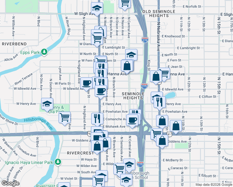 map of restaurants, bars, coffee shops, grocery stores, and more near 5810 North Central Avenue in Tampa