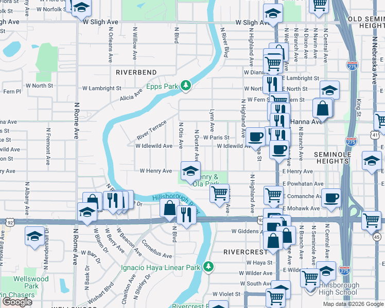 map of restaurants, bars, coffee shops, grocery stores, and more near 5907 North Otis Avenue in Tampa