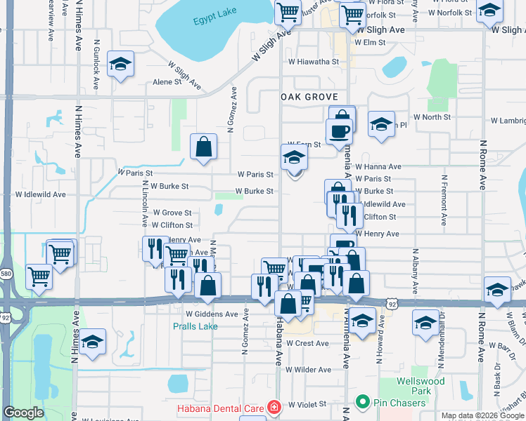 map of restaurants, bars, coffee shops, grocery stores, and more near 2907 West Clifton Street in Tampa