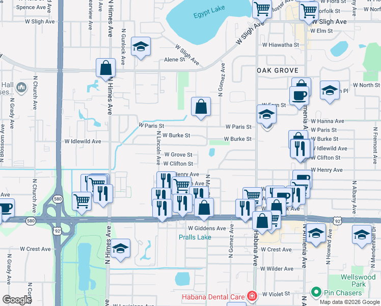 map of restaurants, bars, coffee shops, grocery stores, and more near 3204 West Grove Street in Tampa