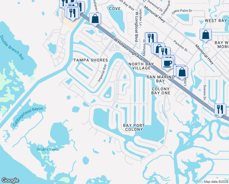 map of restaurants, bars, coffee shops, grocery stores, and more near 5237 Baywater Drive in Tampa