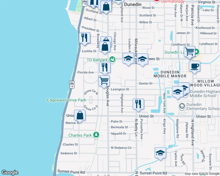 map of restaurants, bars, coffee shops, grocery stores, and more near in Dunedin