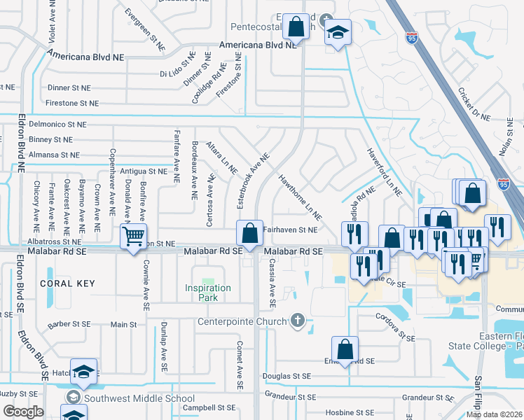 map of restaurants, bars, coffee shops, grocery stores, and more near 1421 Emerson Drive Northeast in Palm Bay