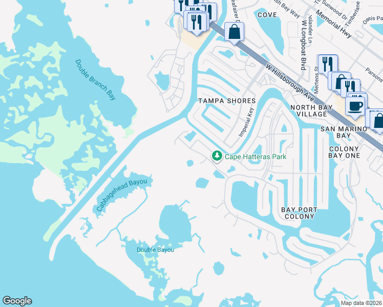 map of restaurants, bars, coffee shops, grocery stores, and more near 10622 Cape Hatteras Drive in Tampa