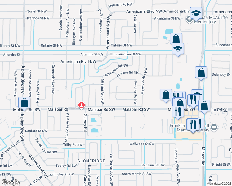 map of restaurants, bars, coffee shops, grocery stores, and more near 472 Newgate Street Northwest in Palm Bay