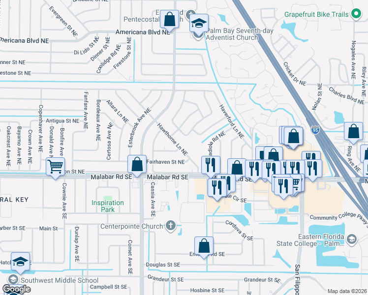 map of restaurants, bars, coffee shops, grocery stores, and more near 149 Hawthorne Lane Northeast in Palm Bay