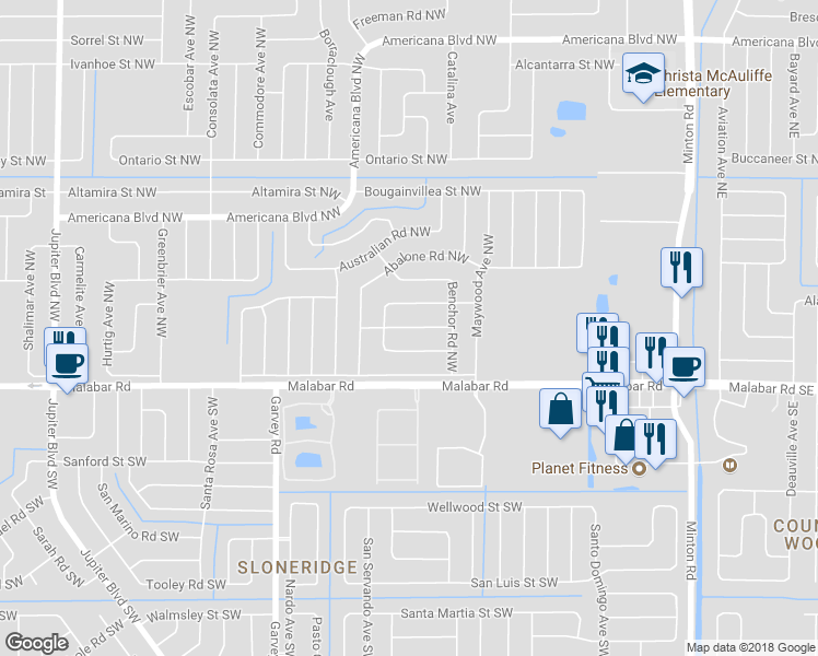 map of restaurants, bars, coffee shops, grocery stores, and more near 450 Newgate Street Northwest in Palm Bay