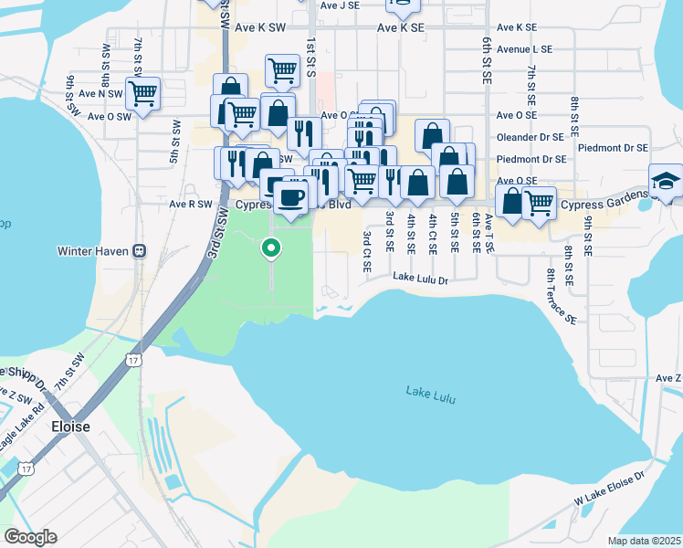 map of restaurants, bars, coffee shops, grocery stores, and more near 2075 Isle Royal Court Southeast in Winter Haven