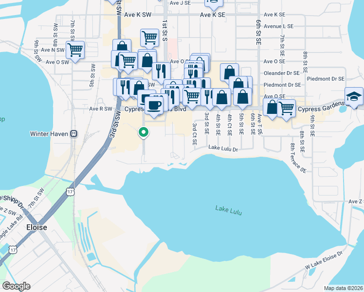 map of restaurants, bars, coffee shops, grocery stores, and more near 2075 Isle Royal Court Southeast in Winter Haven