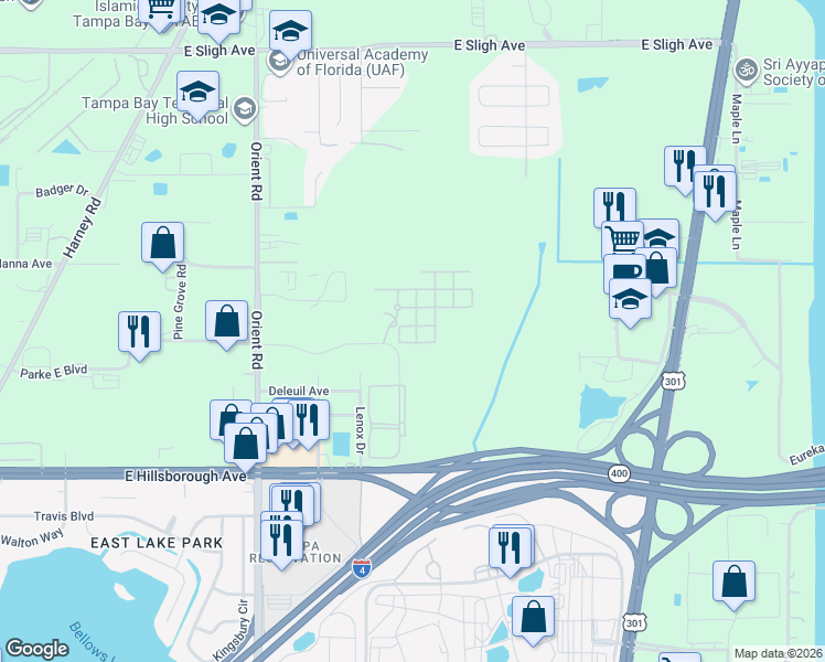 map of restaurants, bars, coffee shops, grocery stores, and more near 5851 Mayglass Drive in Tampa