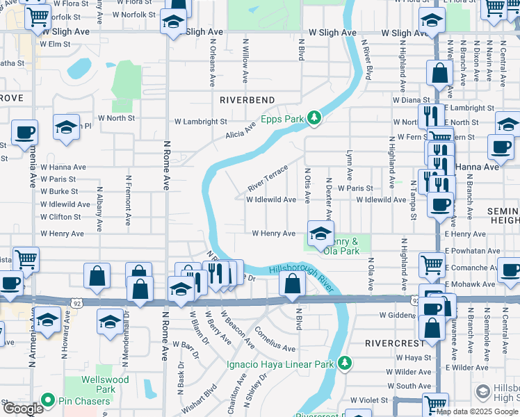 map of restaurants, bars, coffee shops, grocery stores, and more near 5909 North Ithmar Avenue in Tampa