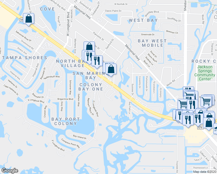 map of restaurants, bars, coffee shops, grocery stores, and more near 9616 Bay Grove Lane in Tampa