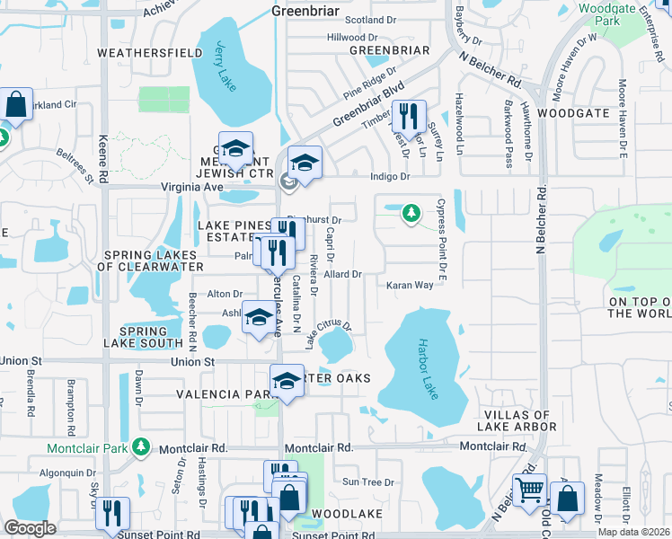 map of restaurants, bars, coffee shops, grocery stores, and more near 2040 Allard Drive in Clearwater