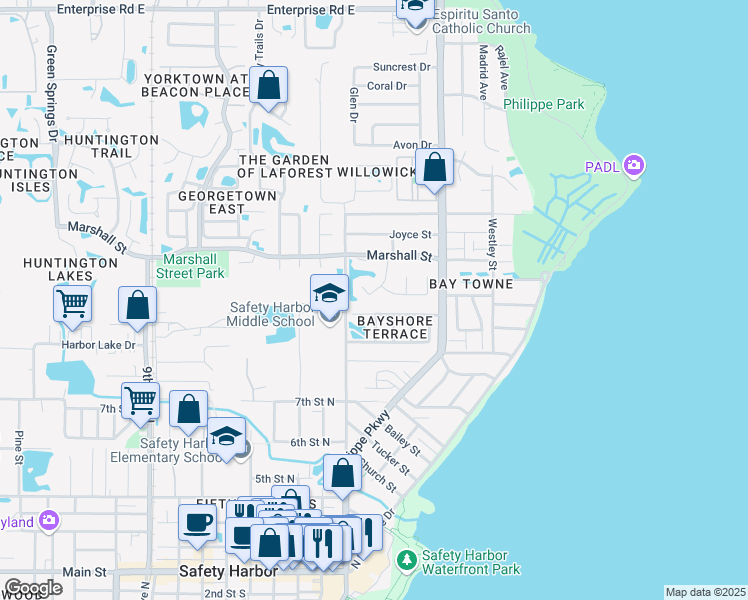 map of restaurants, bars, coffee shops, grocery stores, and more near 12 Friendship Court in Safety Harbor