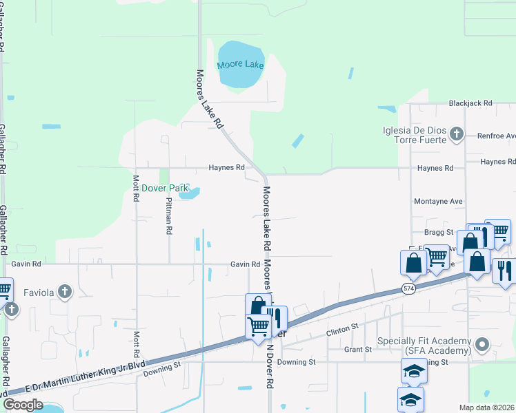 map of restaurants, bars, coffee shops, grocery stores, and more near 3520 Moores Lake Road in Dover
