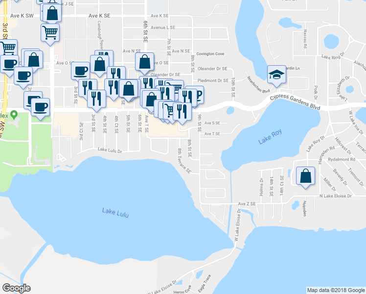 map of restaurants, bars, coffee shops, grocery stores, and more near 1980 8th Terrace Southeast in Winter Haven