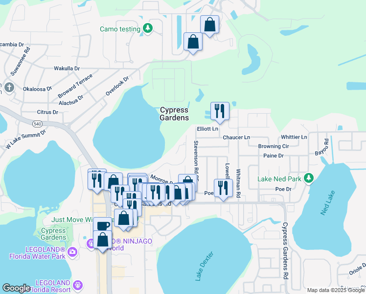 map of restaurants, bars, coffee shops, grocery stores, and more near 805 Pointe Court in Winter Haven