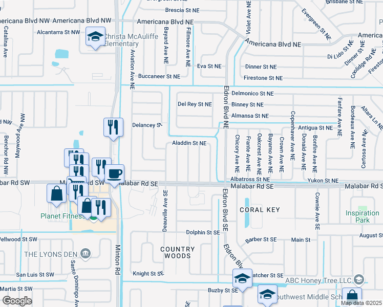 map of restaurants, bars, coffee shops, grocery stores, and more near 154 Browning Avenue Northeast in Palm Bay
