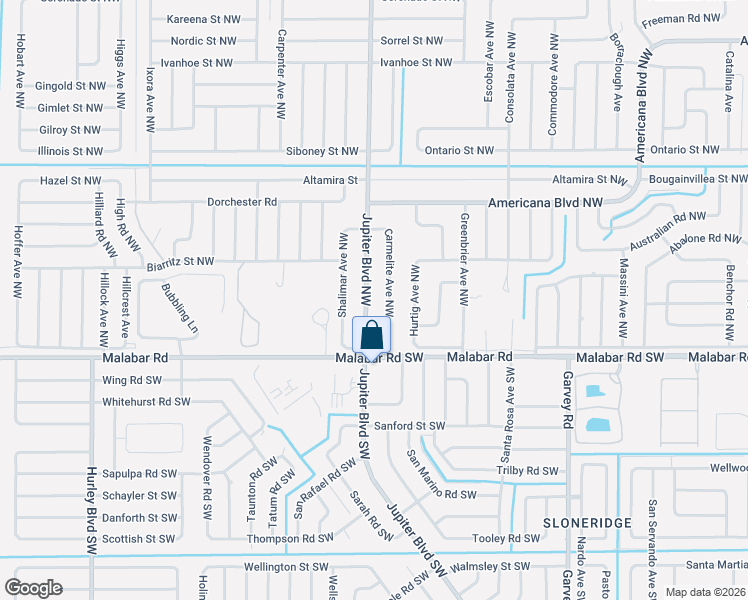 map of restaurants, bars, coffee shops, grocery stores, and more near 1547 Jupiter Boulevard Northwest in Palm Bay
